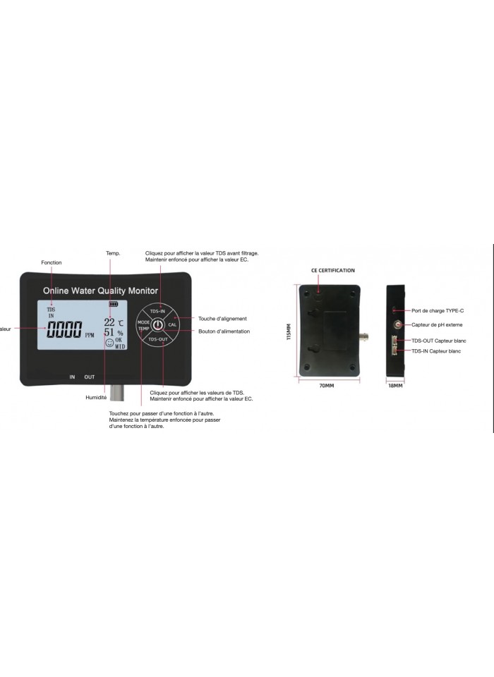 OS-01 – Détecteur qualité eau 5-en-1 TDS / EC / pH / Humidité / Température