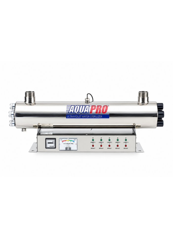 Stérilisateur UV 60 GPM 200 W avec moniteur d'intensité – AQUAPRO inox 316 – PR-UV-60GPM-HTM