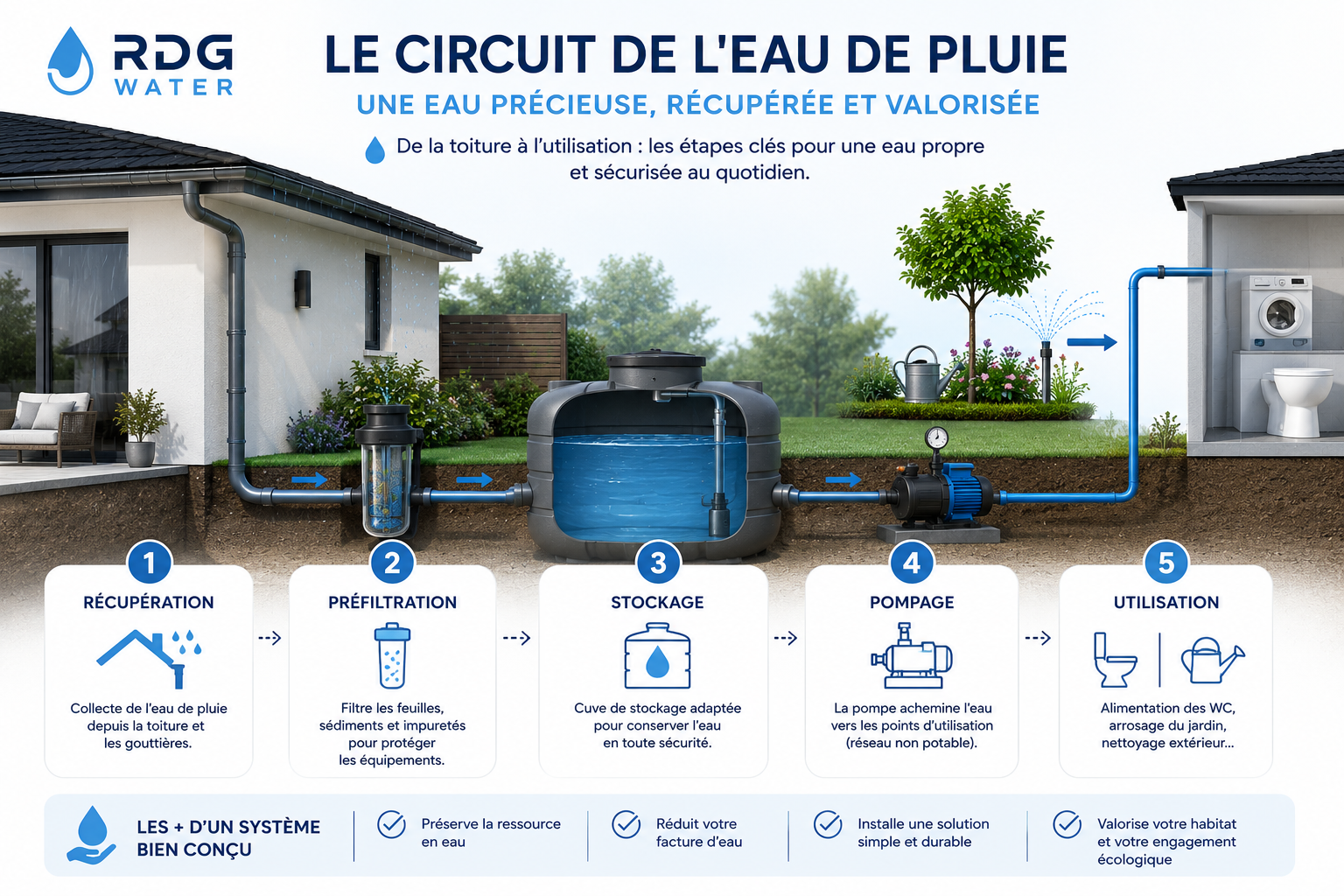 Schéma du circuit de récupération et de traitement de l'eau de pluie, de la toiture aux points d'usage