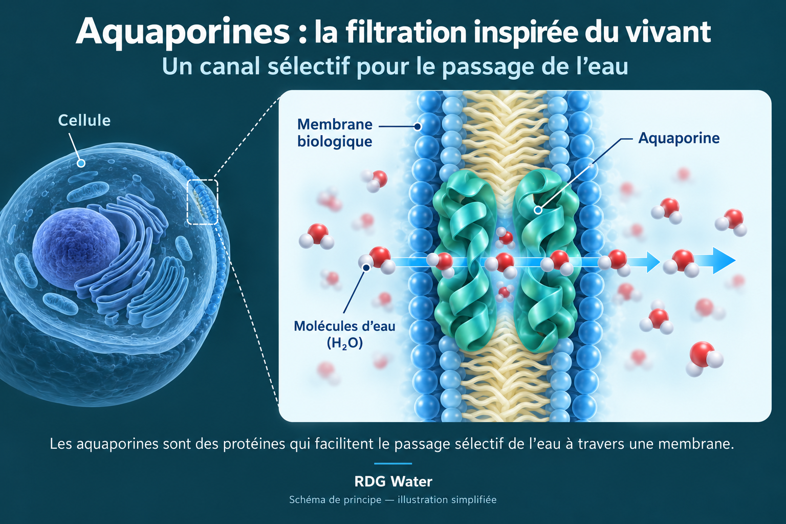 Schéma du passage sélectif des molécules d’eau à travers une protéine aquaporine dans une membrane biologique